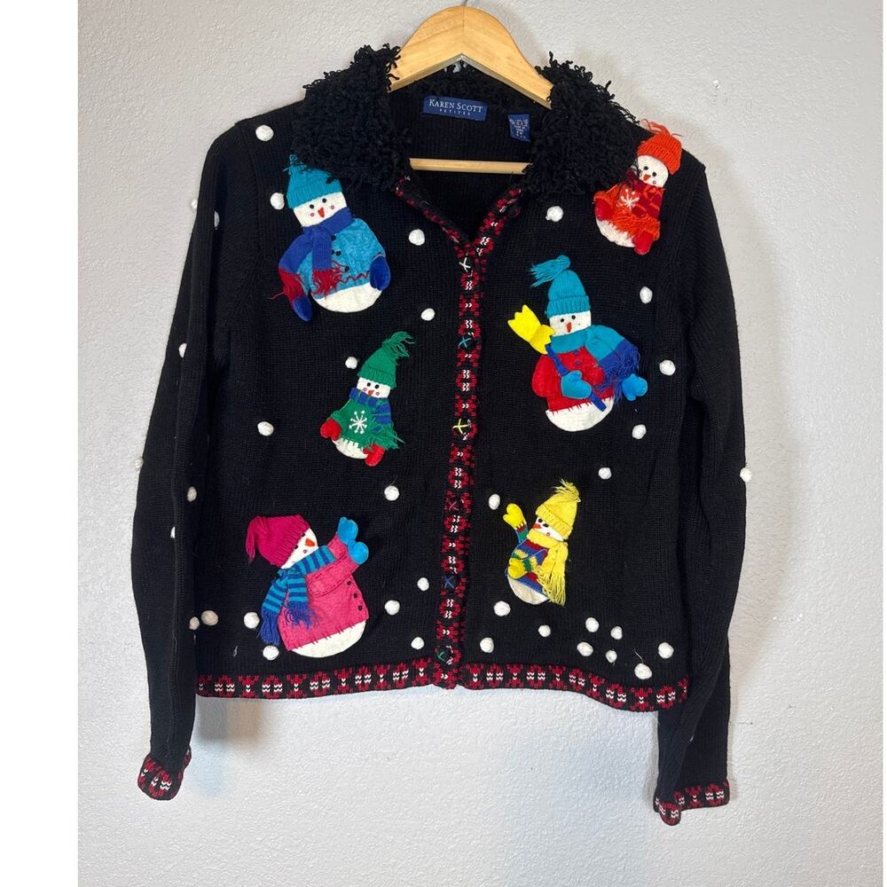 Vintage 90s Christmas Embroidered Christmas Holiday Cardigan Medium Snowman